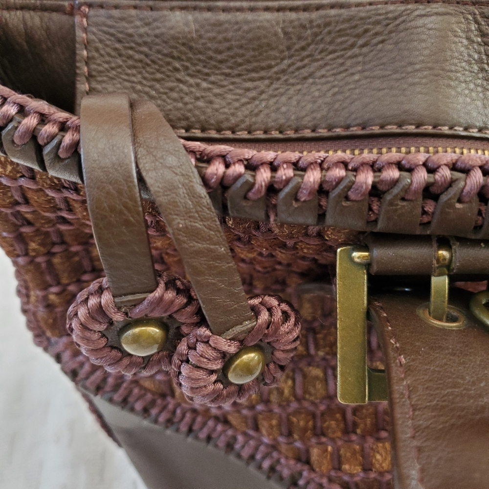 ISABELLA FIORE Leather Woven Large Shoulder Bag Handbag Brown - Picture 6 of 11